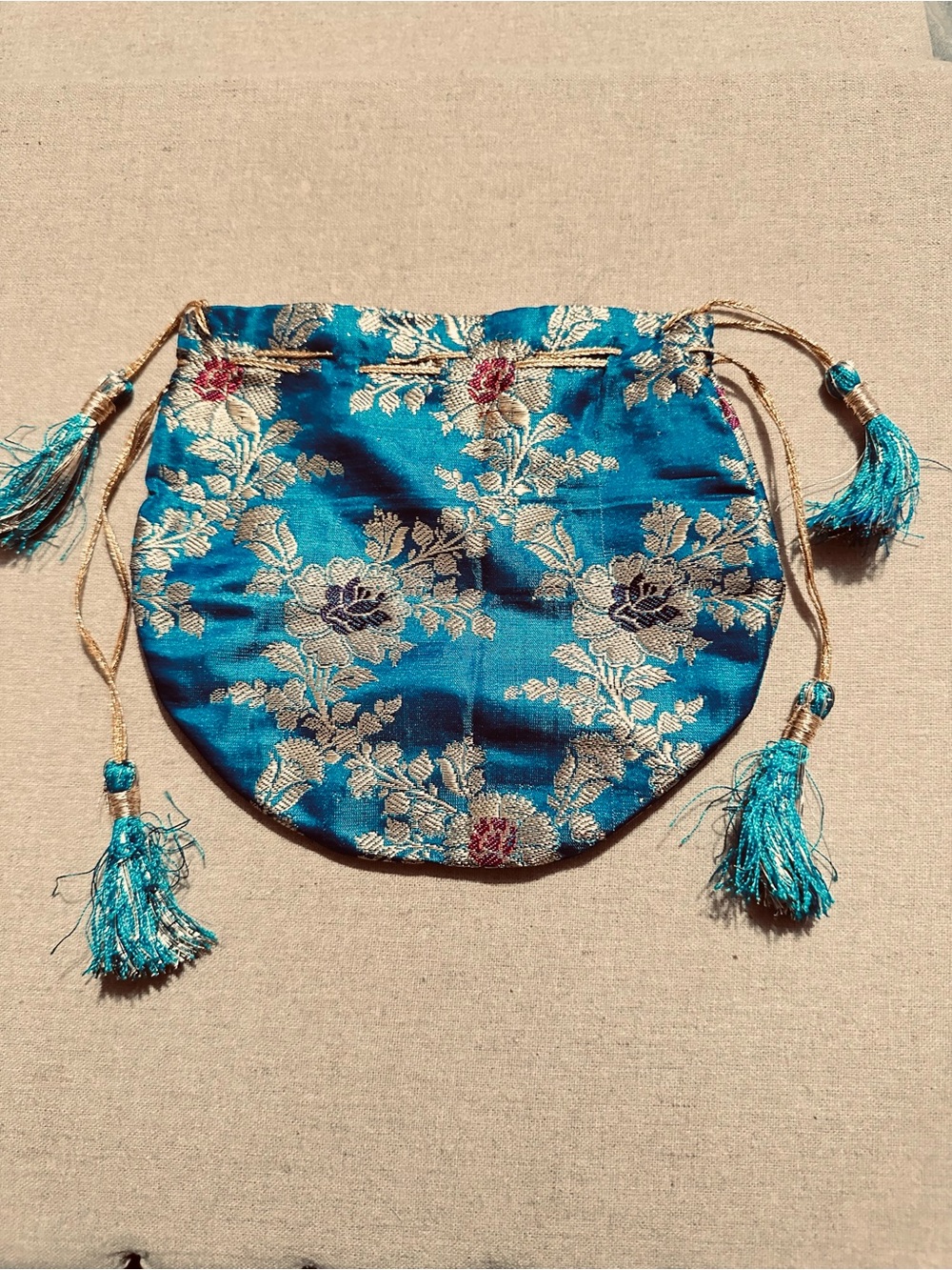 Vintage | Pouch | Vintage Brocade Blue Floral Drawstring Evening Pouch